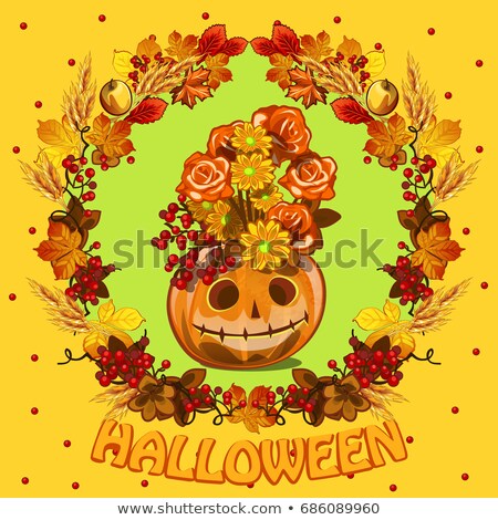 Stockfoto: Poster On Theme Of The Halloween Holiday Party Cute Greeting Card On Theme Of Golden Autumn Ornate