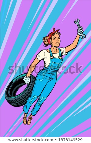 Stockfoto: Woman Mechanic Tire Flying Superhero Help