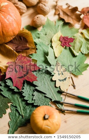 Stockfoto: Dry Foliage Pumpkins Walnuts Drawn Faces On Leaves And Three Paintbrushes