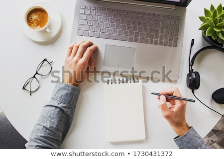 Stock fotó: Businessman Desk Workspace With Laptop Keyboard Coffee And Note