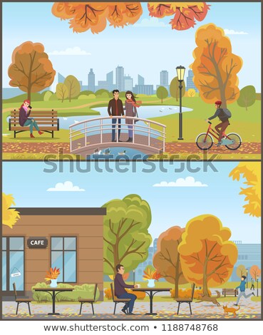 Stockfoto: Couple Standing On Bridge And Feeding Birds Vector