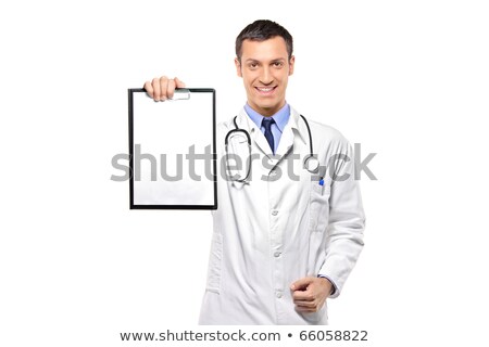 Сток-фото: Happy Male Doctor Holding Blank Card Isolated On A White Background Focus On A Card