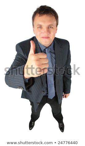 Foto stock: Man Distorted By Perspective Showes A Thumb