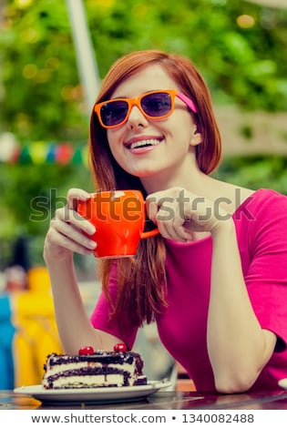Stok fotoğraf: Style Redhead Girl With Cake And Cup