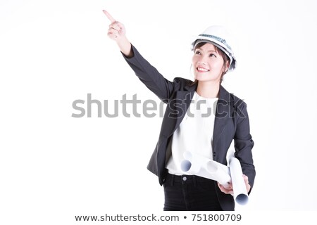 Stockfoto: Woman Holding Hard Hat And Drawing Rolls