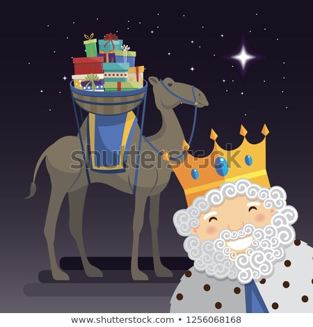 Foto stock: Three Kings Selfie With King Melchior Camel And Gifts At Night