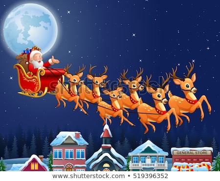 Foto stock: Santa And Reindeers Over A Red Background Vector Illustration