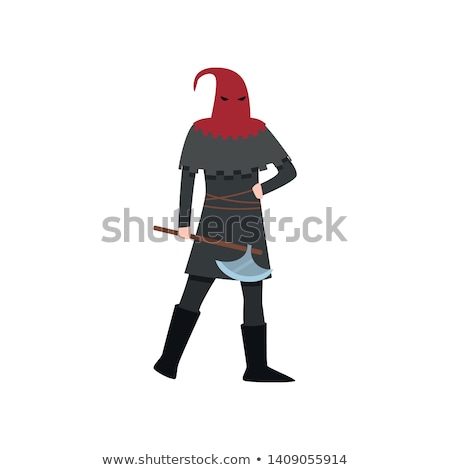 Foto stock: Executioner In Red Costume With Axe On White