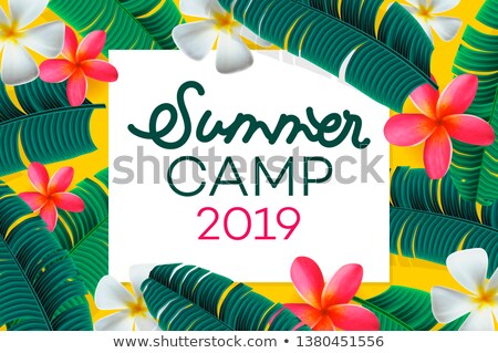 Stock foto: Summer Camp 2019 Handdrawn Lettering On Jungle Background With Colorful Tropical Leaves And Flowers