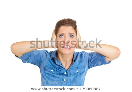 Stockfoto: Stressed Woman Covering Her Ears Looking Up Stop Making Loud Noise