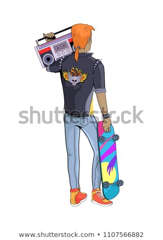 Imagine de stoc: 80s Stylish Man And Skateboard Vector Illustration