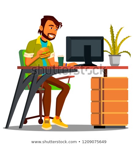 Stock photo: Lunch Break Employee At The Desk With Burger And Coffee Looking At The Computer Screen Vector Isol