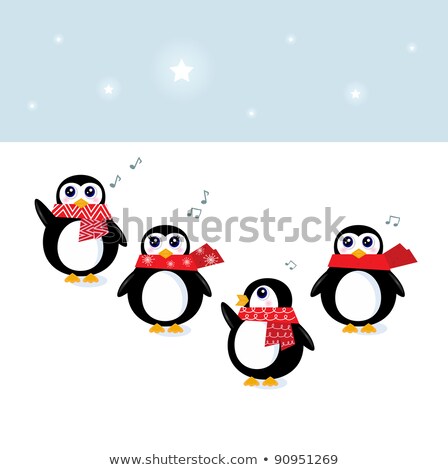 Stockfoto: Penguins Carolers Singing With Red Winter Scene Illustration