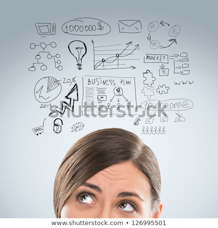 Foto stock: Smart Business Woman Thinking Sketches With Her Toughts Overhea