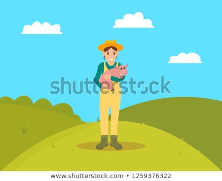 Сток-фото: Farmer With Piglet On Hill Vector Illustration