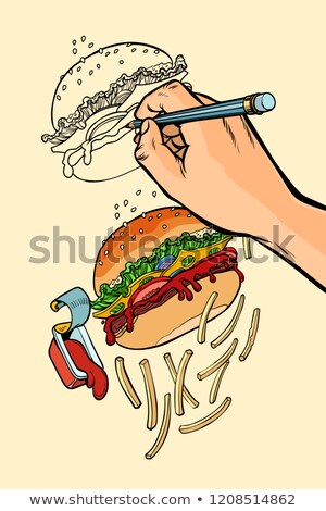 The Artist S Hand Draws A Burger French Fries And Ketchup Fast Stok fotoğraf © rogistok
