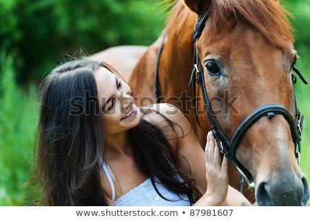 Stock photo: Beautiful Happy Woman With Long Hair Next Horse
