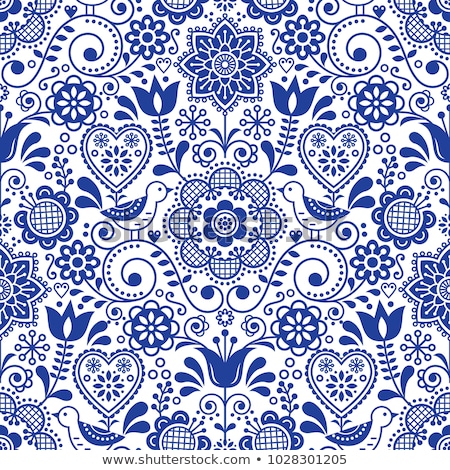 Foto stock: Seamless Folk Art Vector Pattern With Birds And Flowers Scandinavian Or Nordic Navy Blue Repetitive