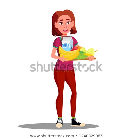 ストックフォト: Happy Vegetarian Girl With Plate Of Fruit Vegetables And Milk Vector Isolated Cartoon Illustration