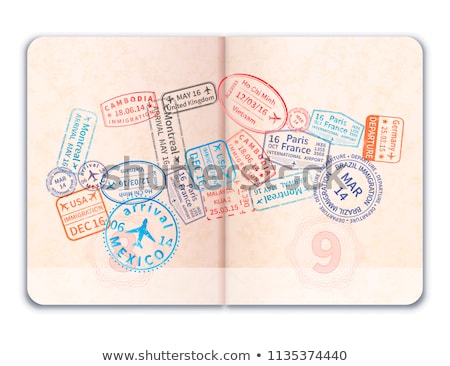 Сток-фото: Realistic Open Foreign Passport With Many Bright Colorful Immigration Stamps In Car Shape On White