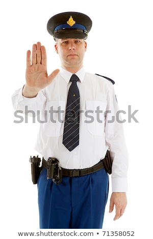 Foto stock: Dutch Police Officer Is Making Stop Sign With Hand