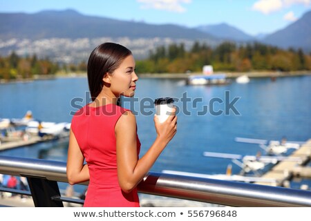 Asian Businesswoman Drinking Coffee Enjoying View Of Vancouver Harbor In City Center Business Lifes Stockfoto © Maridav