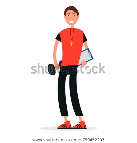 Foto stock: Trainer In Sport Gym With Dumbbell Whistle On Neck