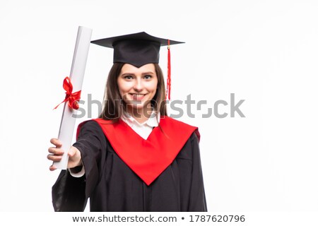 Foto stock: High School Graduation Young Woman In Black Mantle Holds Scroll