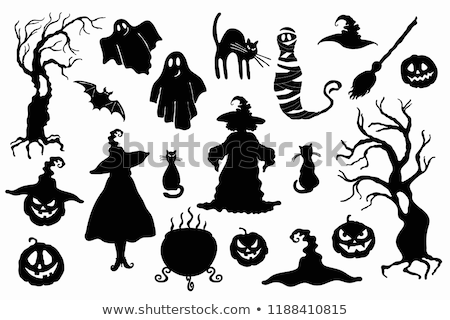 Foto stock: Witch Hat Pumpkin Lantern Cat Broom And Cauldron Stencil