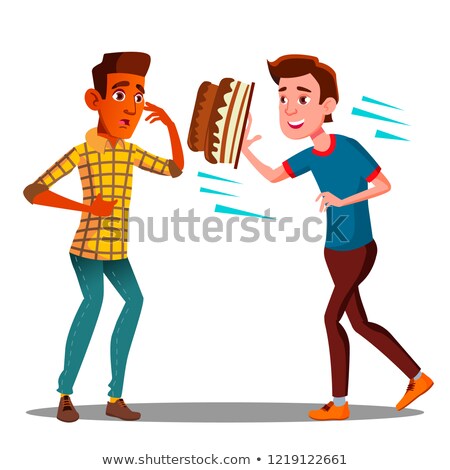 Foto d'archivio: Young Guy Throwing A Cake In The Face Of A Friend For Joke Vector Isolated Illustration