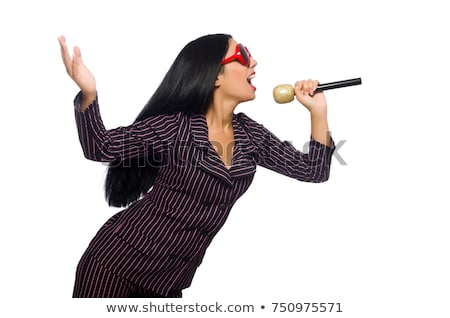 Foto d'archivio: Woman Singing In Karaoke Club Isolated On Whie