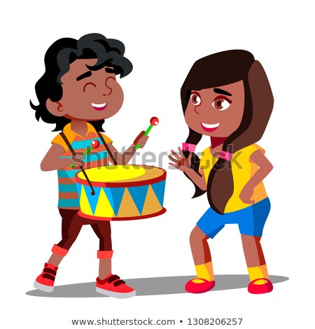 Stock foto: Afro American Boy Playing Drum Next To Dancing Afro American Girl Vector Isolated Illustration
