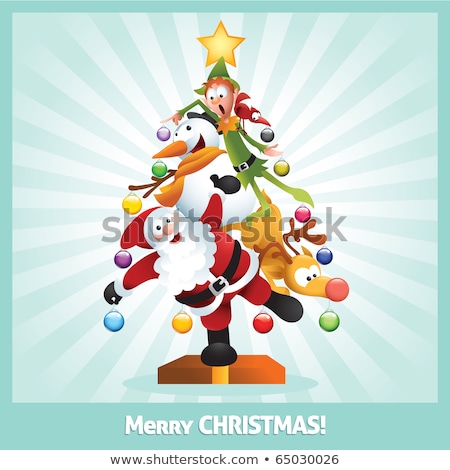 Stockfoto: Funny Christmas Card With Elf Snowman And Reindeer