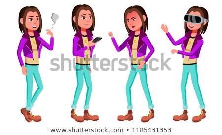 Foto stock: Teen Girl Poses Set Vector Face Children Vr Glasses Smoking For Web Brochure Poster Design I