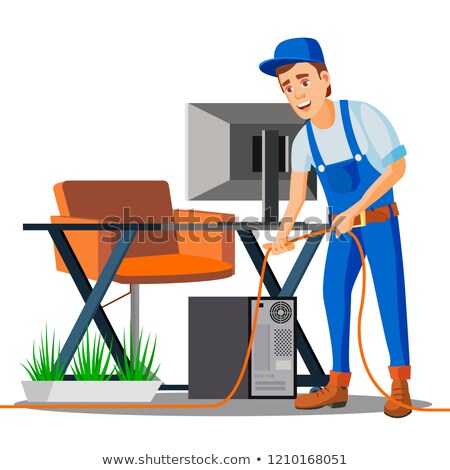 Stock foto: It Specialist Connecting Wires Under Table Of Office Employee Vector Isolated Illustration