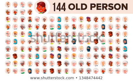 Сток-фото: Asian Old Woman Avatar Set Vector Face Emotions Senior Person Portrait Elderly People Aged Flat