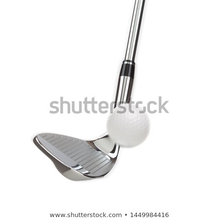 Stockfoto: Chrome Golf Club Wedge Iron Hitting Golf Ball On White Backgroun