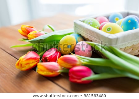 Stock fotó: Easter Decoration With Painted Eggs And Spring Tulip Flowers