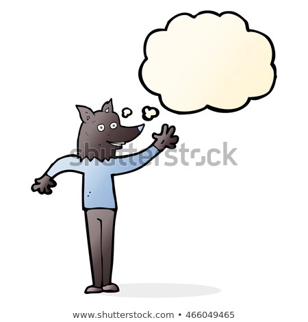 Foto stock: Cartoon Waving Wolf Man With Thought Bubble