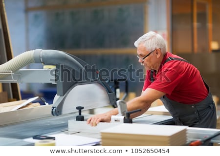 ストックフォト: Carpenter With Panel Saw And Fibreboard At Factory