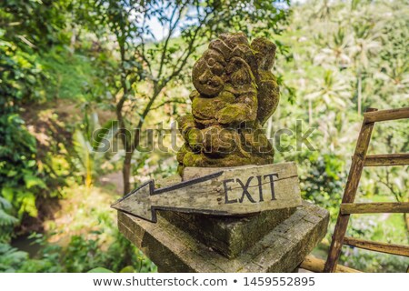 Stock foto: Balinese Statue And Exit Sign Against The Backdrop Of Nature