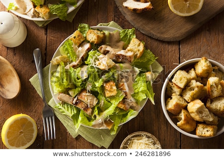 Stockfoto: Healthy Grilled Chicken Caesar Salad With Cheese And Croutons