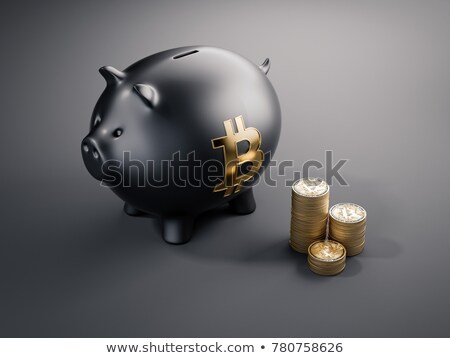 [[stock_photo]]: Black Piggy Bank And Stacks Of Bitcoins 3d Rendering