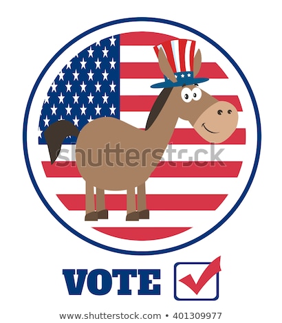 Foto stock: Democrat Donkey Cartoon Character With Uncle Sam Hat Over Usa Flag Label With Text