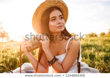 ストックフォト: Image Of Countryside Girl 20s With Long Dark Hair Wearing Straw