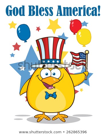 Сток-фото: Happy Patriotic Yellow Chick Cartoon Character Waving An American Flag On Independence Day