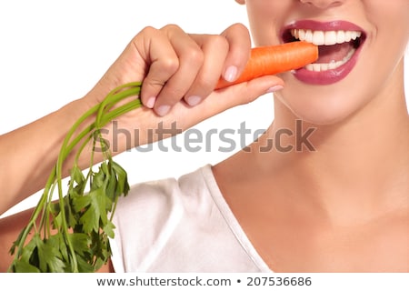 ストックフォト: Healthy Diet Food Closeup Portrait Of Beautiful Happy Smiling Young Woman With Perfect Smile White