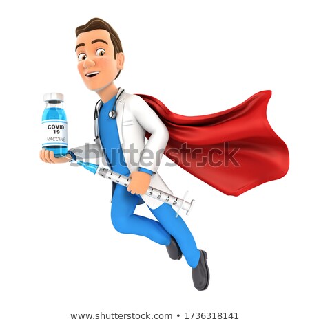 3d Doctor Flying With Vaccine Bottle And Syringe Zdjęcia stock © 3dmask