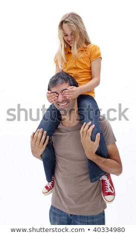 Stock photo: Dad Giving Girl Piggyback Ride With Closed Eyes