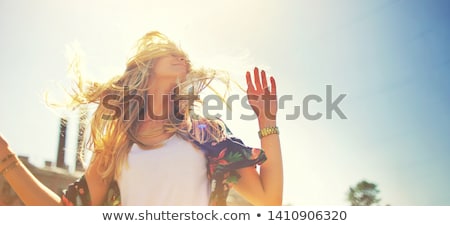 Stockfoto: Beautiful Woman In Natural White Shirt Looking To The Golden Sun